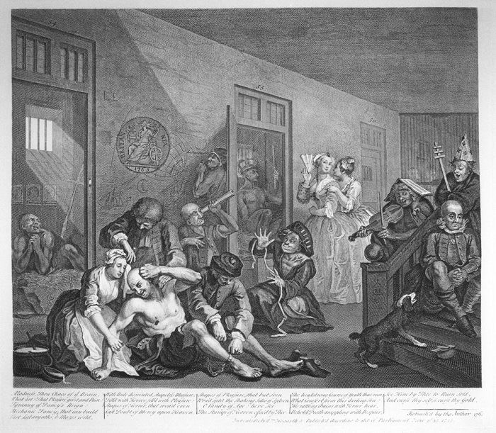 William Hogarth, The Rake's Progress, plate 8, The Madhouse, 1763 (retouched by Hogarth), engraving, McCormick Library, Northwestern University